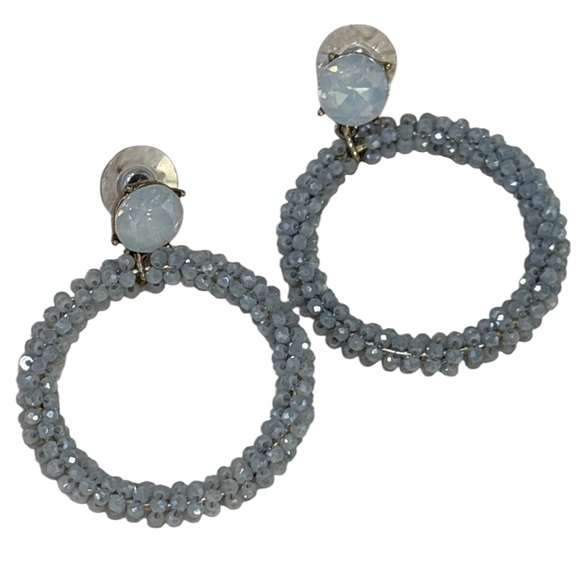 Gray Glass Beaded Hoop Earrings with Cabochon TopModern Boho
